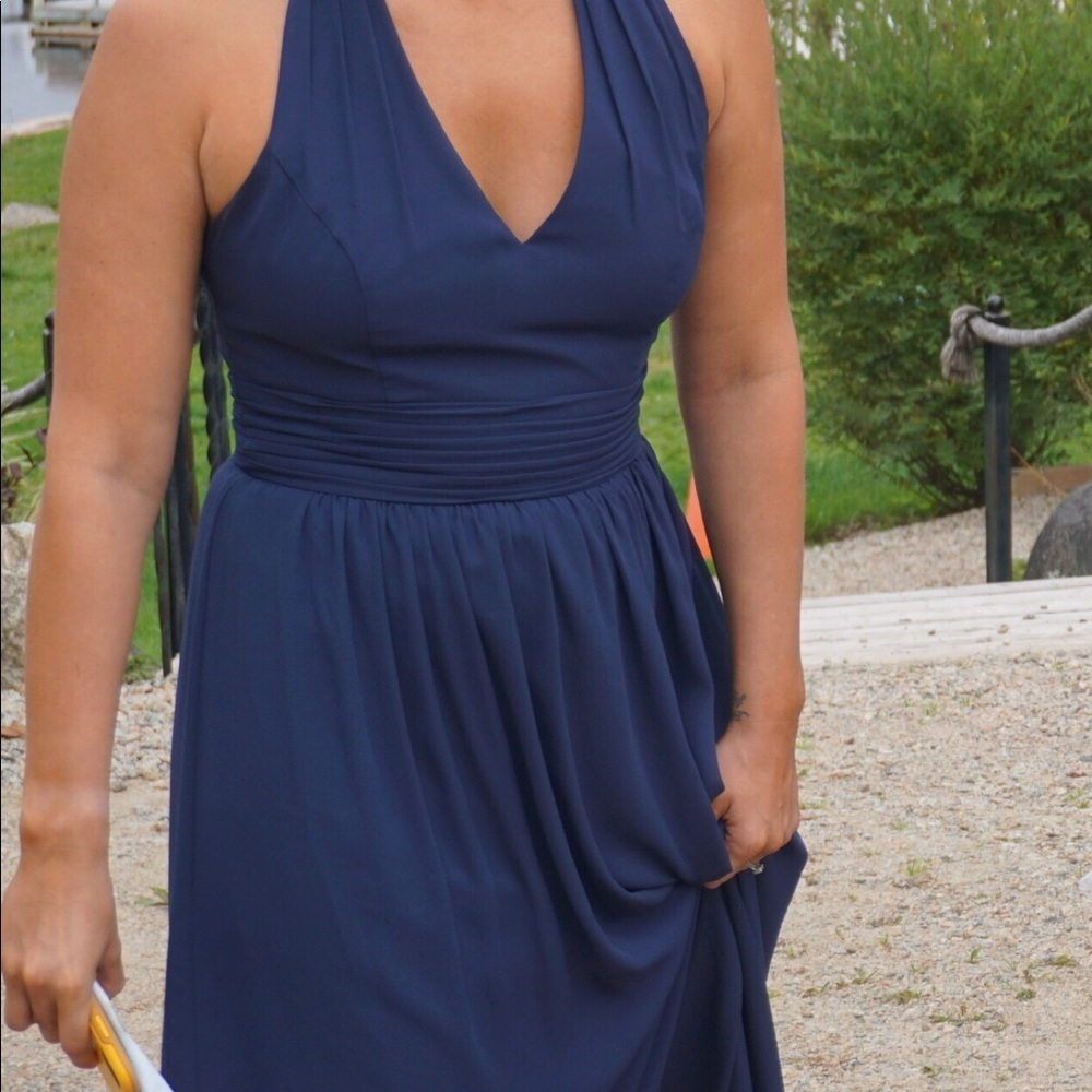 David’s  Bridal Halter Ruched Waist Georgette Bridesmaid Dress - Picture 2 of 5